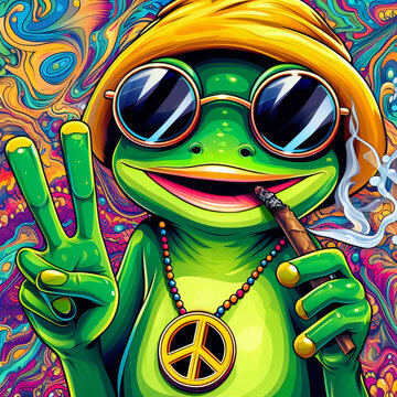 Happy psychedelic frog smoking