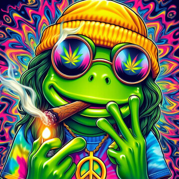 Psychedelic cool frog smoking weed