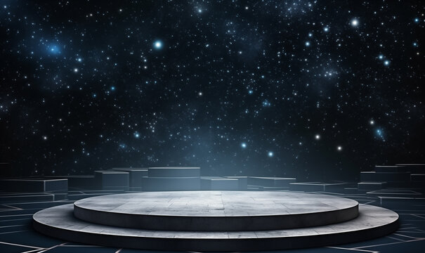 3d Empty podium on dark blue background with cosmic lights bokeh. illustration for showcase products on dark bokeh background with copy space. 