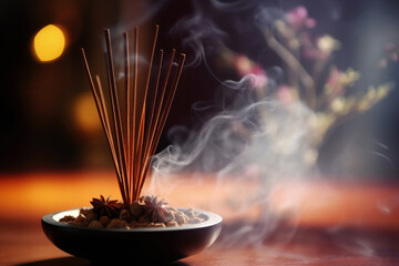 Burning incense sticks in a bowl, aromatherapy - Powered by Adobe