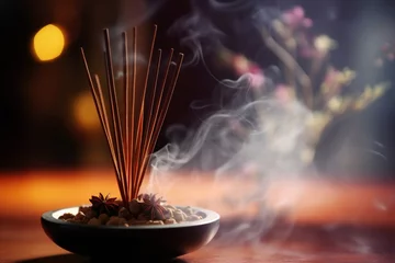 Poster Burning incense sticks in a bowl, aromatherapy © pilipphoto