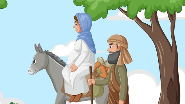Joseph and Mary travel to Bethlehem before the birth of Jesus in this religious animation set in the desert.