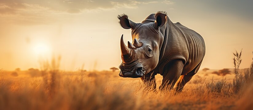 Animal wildlife photography rhino with sunset view background, AI generated image