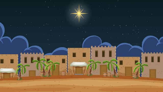 Middle East houses background with animated pregnant Virgin Mary from the Birth of Jesus religious story.
