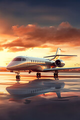 Fototapeta na wymiar Private jet standing at an airport with setting sun traveling by aircraft airplane portrait format