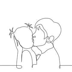 adult man kissing a baby girl on the cheek - one line art vector. concept love and care for children, fatherly love, single father