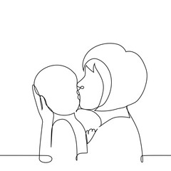adult woman kissing a baby boy on the cheek - one line art vector. concept love and care for children, maternal love, single mother