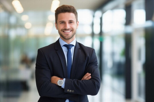 Portrait of young businessman in suit with arms crossed in the office.