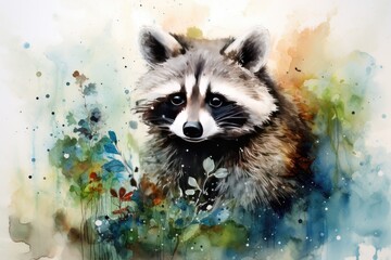 watercolor Raccoon Watercolor drawing of an animal - colored raccoon - obrazy, fototapety, plakaty