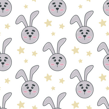 Cute bunny and stars seamless pattern. Cute baby character rabbit background. Star hares print for kid textile, paper, design, vector illustration