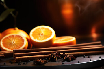 Fototapeta na wymiar Cinnamon sticks, oranges, star anise and incense sticks on wooden table background. Aromatic winter spices