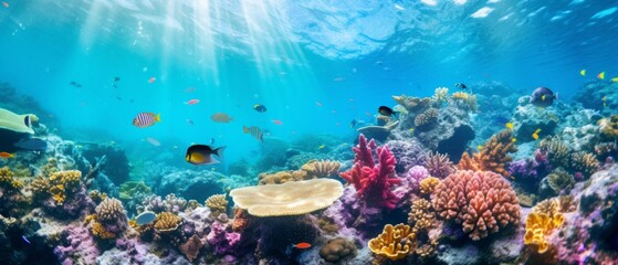 Fototapeta premium Underwater coral reefs. Mesmerizing ocean background