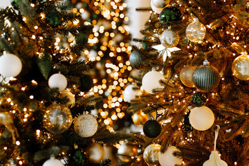 Christmas tree. Holiday interior background. close-up