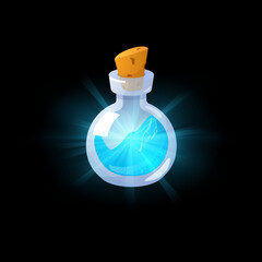 Glowing potion glass bottle on dark background.