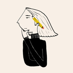 Vector design of woman touching chin and looking away thoughtfully