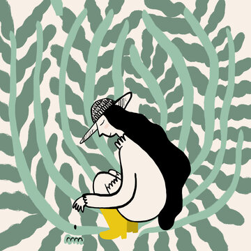 Vector illustration of lady working in green garden