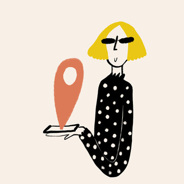 Vector design of woman with GPS navigator against beige background