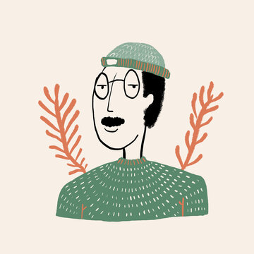 Hand drawn illustration of male in warm hat and sweater