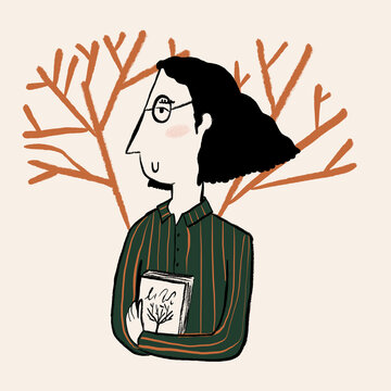 Cartoon female student with book looking away pensively