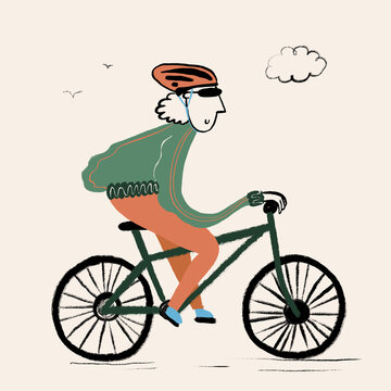 Cartoon cyclist in helmet riding bike on street