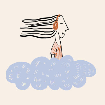 Vector illustration of lady listening to music in headphones with closed eyes
