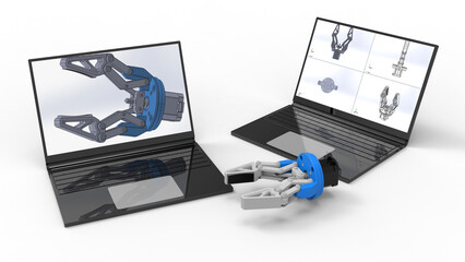3D rendering - robotic arm simple design on a laptop
