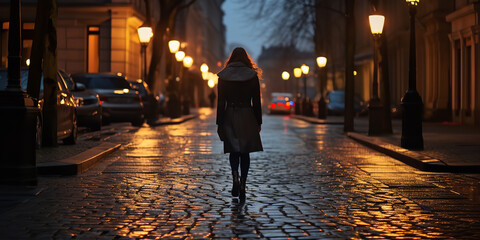 Obraz premium A woman walks down the street in the evening