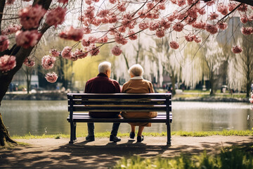An old couple is sitting on a park bench and enjoying the spring