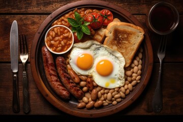English breakfast on table top.