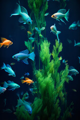 Banner. many exotic neon fish on the background of kelp algae in azure tones