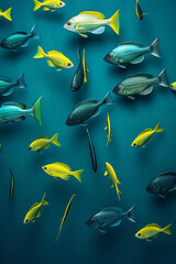 Obraz premium Banner. many exotic neon fish on the background of kelp algae in azure tones