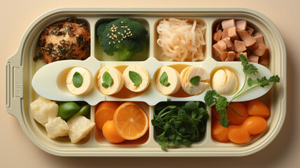 portioned food from vegetables to meat in a tray with individual compartments