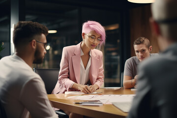 Beautiful specialist with short pink hair talking about company strategy with diverse team of professional business people during office meeting in conference room. - obrazy, fototapety, plakaty