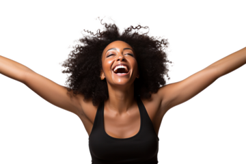 A black woman having fun with her arms outstretched isolated on transparent background.