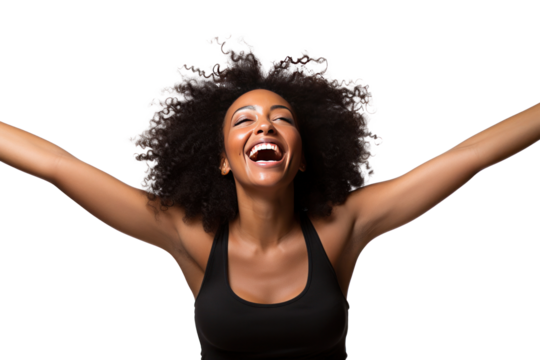 A black woman having fun with her arms outstretched isolated on transparent background.