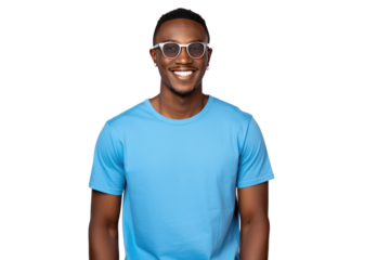 A happy african american man wearing blue tshirt and glasses isolated on transparent background.