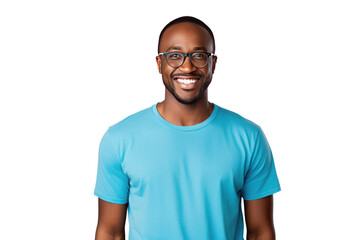 A happy african american man wearing blue tshirt and glasses isolated on transparent background.