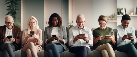 Collage of smiling multiethnic and multi generation people using smartphones while relaxing in armchair at home. Online communication. Diverse women and men browsing internet on mobile phones. - obrazy, fototapety, plakaty