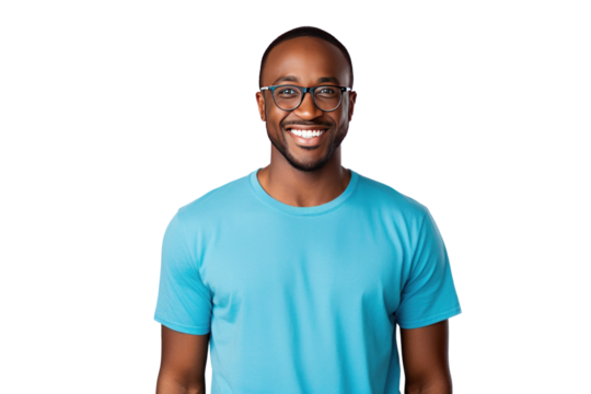 A happy african american man wearing blue tshirt and glasses isolated on transparent background.