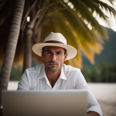 Man in white shirt and hat sitting on seashore and working on laptop