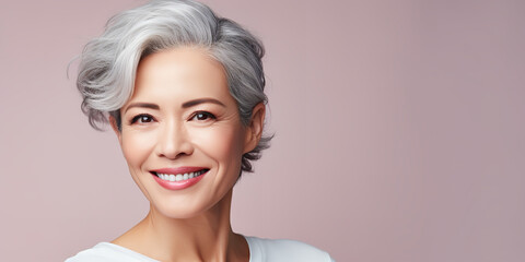 Full head, pastel, copy space, commercial photography, sharp focus, middle aged woman, japanese