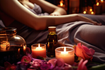 Obraz na płótnie Canvas Young woman relaxing and enjoying in spa with candles, massage and aromatherapy