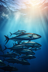 A flock of tuna fish in light water