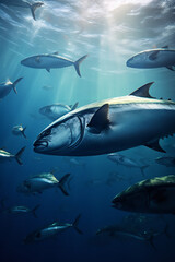 Fototapeta premium A flock of tuna fish in light water