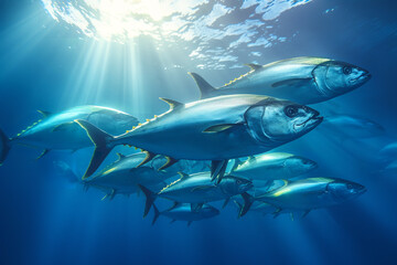 A flock of tuna fish in light water