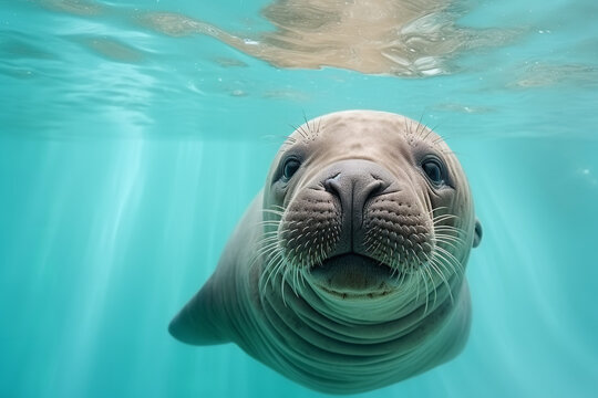 Baby walrus in light blue water. accuracy of details. natural colors