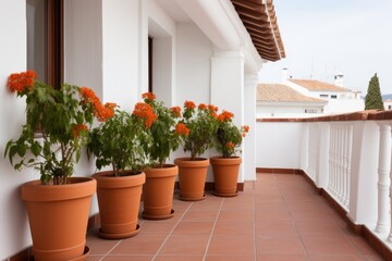 Fototapeta na wymiar terracotta pots against bright white walls of spanish architecture