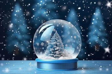 Fototapeta na wymiar Realistic circled snow globe of a flying Santa's sleigh with falling snowflakes