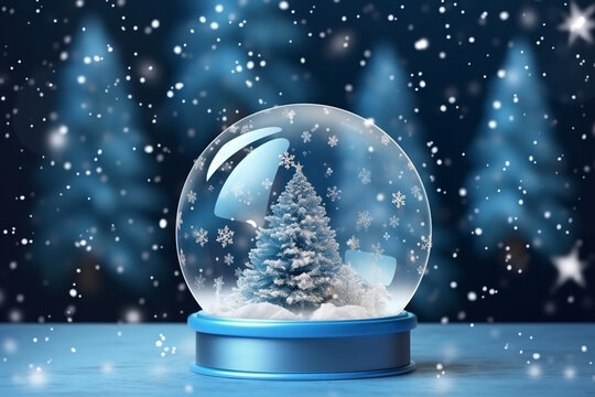 Realistic circled snow globe of a flying Santa's sleigh with falling snowflakes

