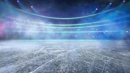 Blue ice and cracks on the surface of the ice. Frozen lake with ice hockey goal.